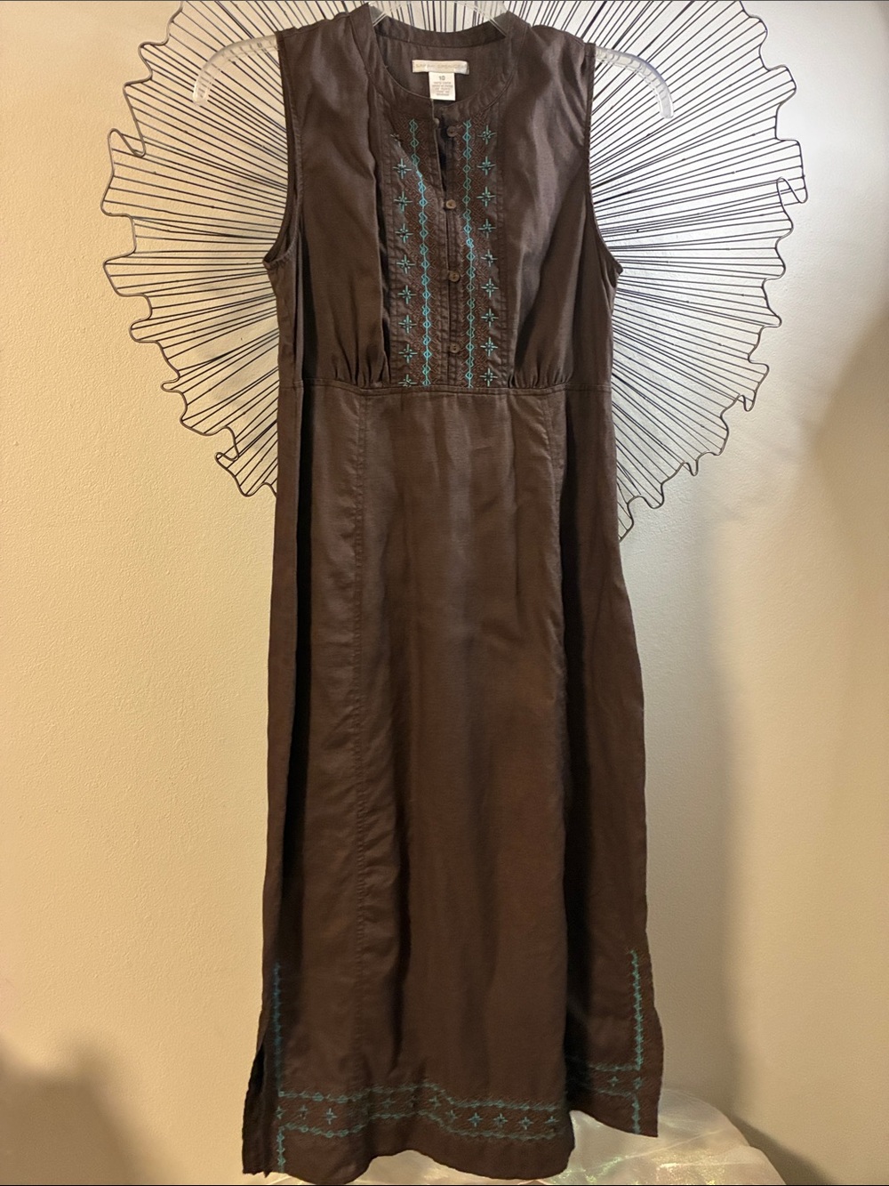 Sarah Spencer Linen Maxi Dress Chocolate Brown & Turquoise Size 10